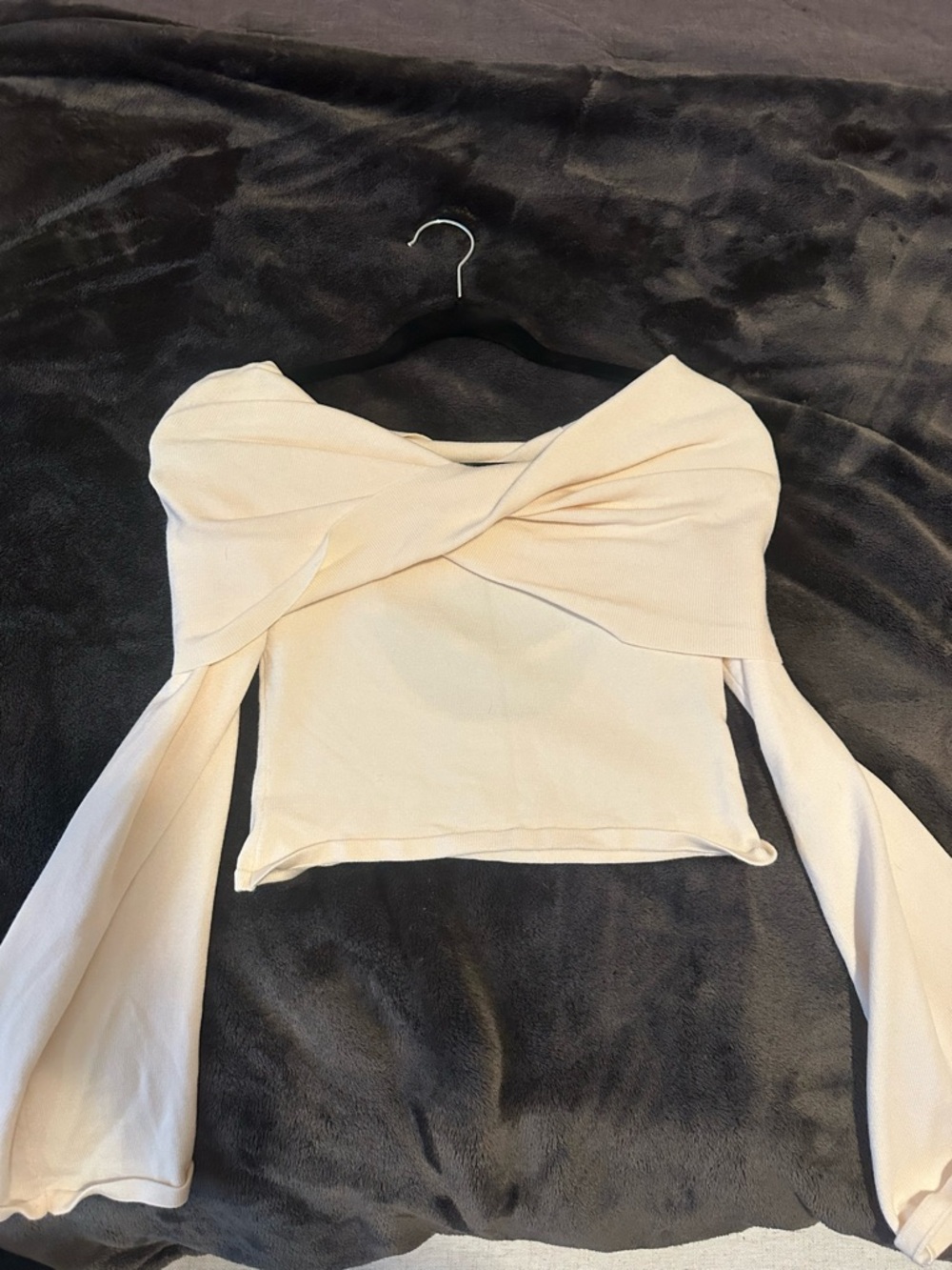 Meshki Cream Off-Shoulder Twist Front Crop Top